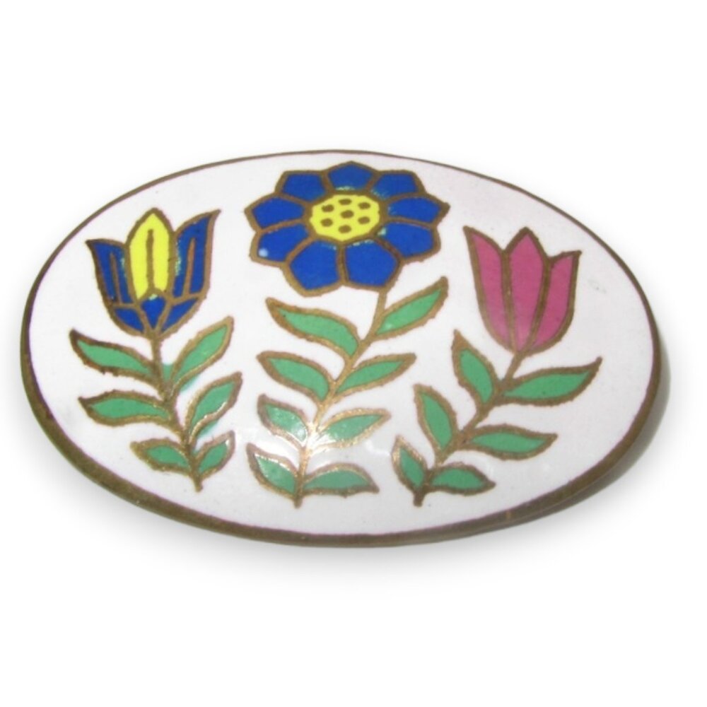 Brass and Emamel Floral Brooch